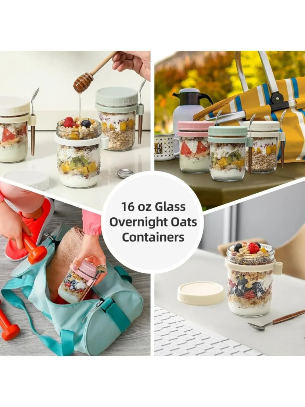 4 Pack Glass Mason Jars with Lids & Spoons - Airtight Overnight Oats Containers